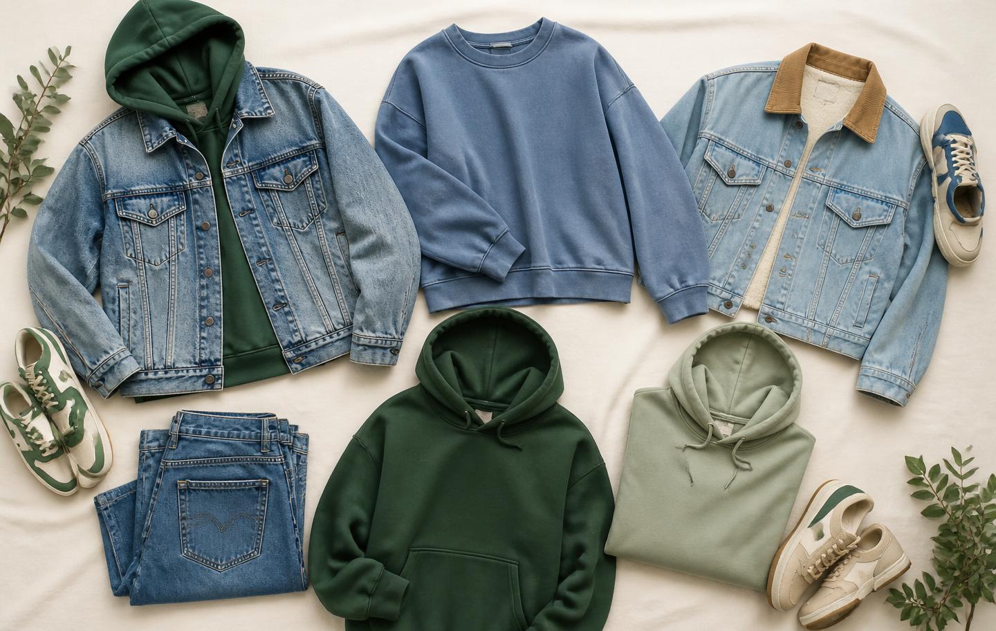 Flat-lay of vintage denim jackets, hoodies, and streetwear sneakers